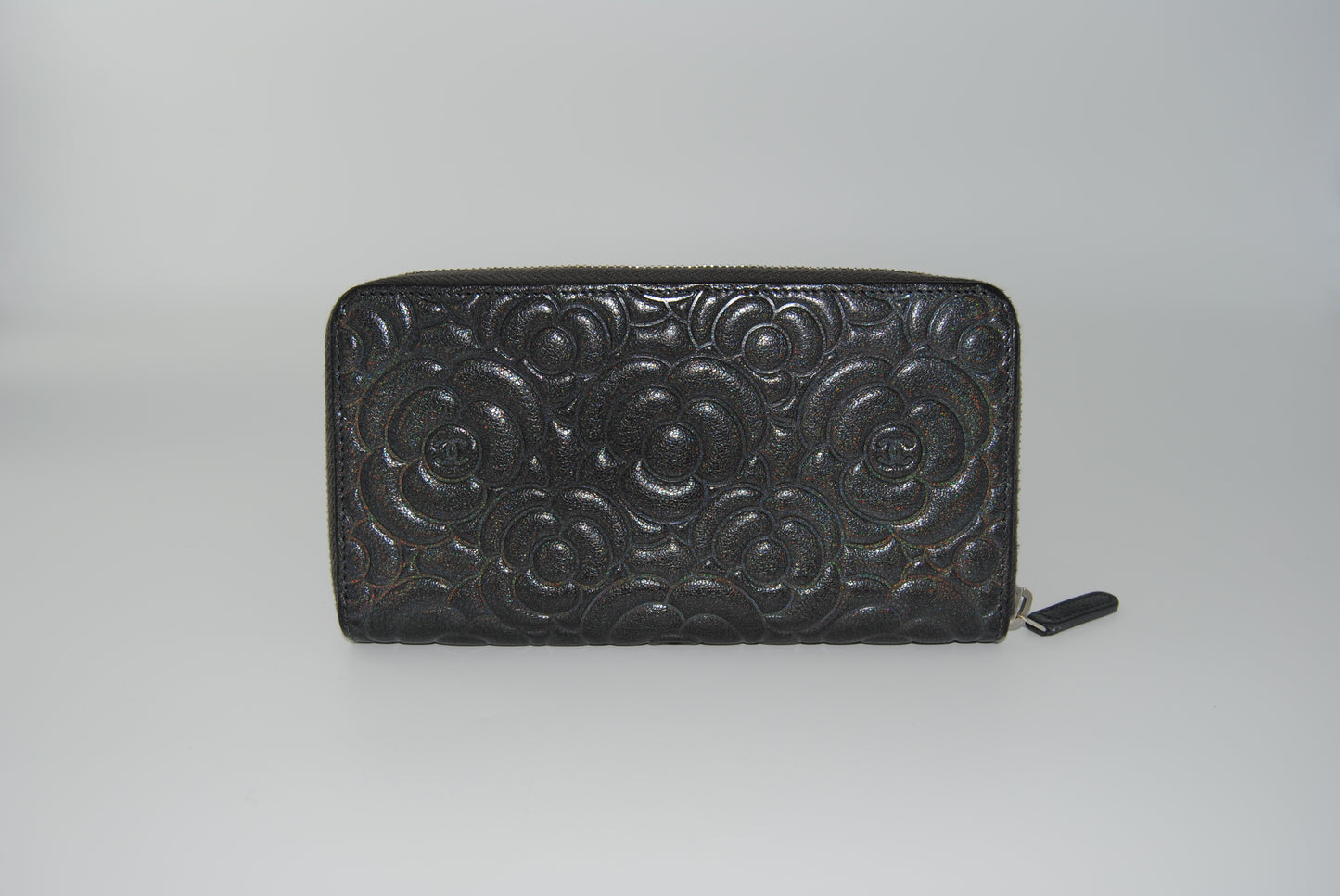 Chanel Camellia Zip Around Silver Large Wallet