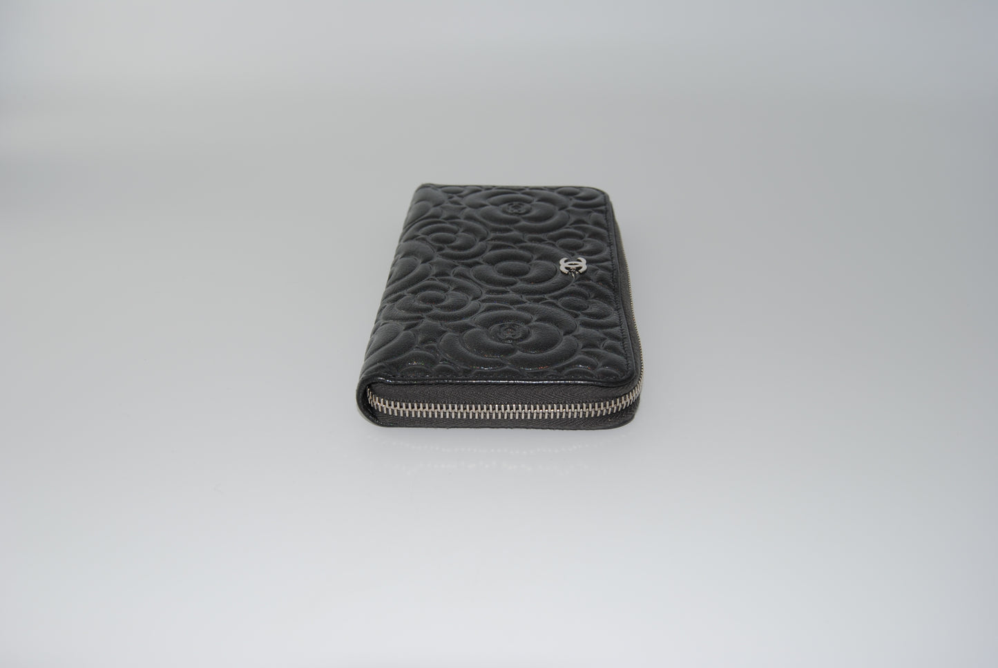 Chanel Camellia Zip Around Silver Large Wallet