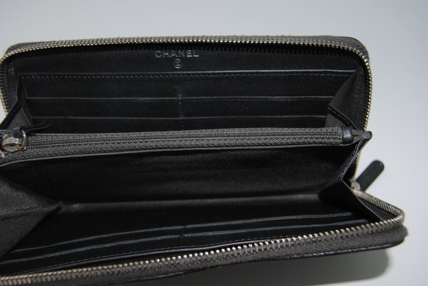 Chanel Camellia Zip Around Silver Large Wallet