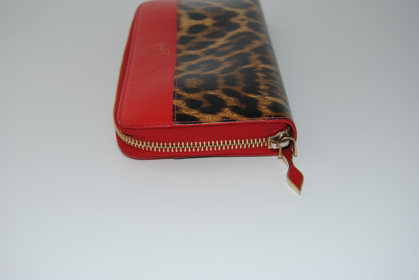 Christian Louboutin Red Leather Leopard Print Patent Wallet Zip Around