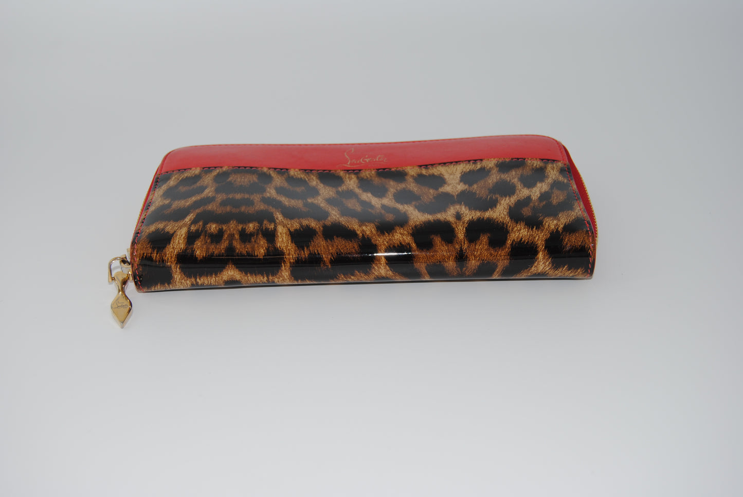 Christian Louboutin Red Leather Leopard Print Patent Wallet Zip Around