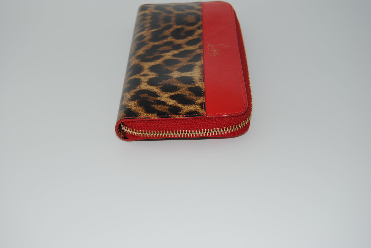 Christian Louboutin Red Leather Leopard Print Patent Wallet Zip Around