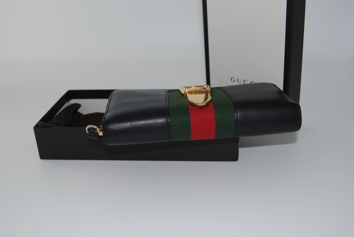 Gucci Sylvie Black Leather Sherry Line Zip Around Wallet