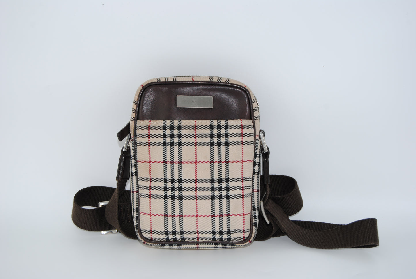 BURBERRY Crossbody Canvas Leather Nova Check Logo Plate Brown Beige.