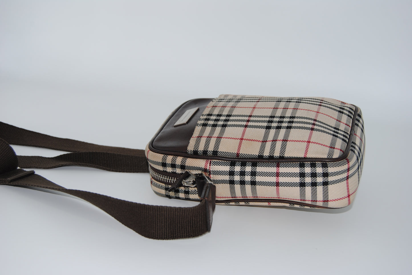 BURBERRY Crossbody Canvas Leather Nova Check Logo Plate Brown Beige.