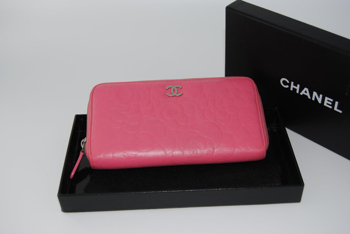 Chanel Round Zipper Long Wallet Camelia Leather Pink