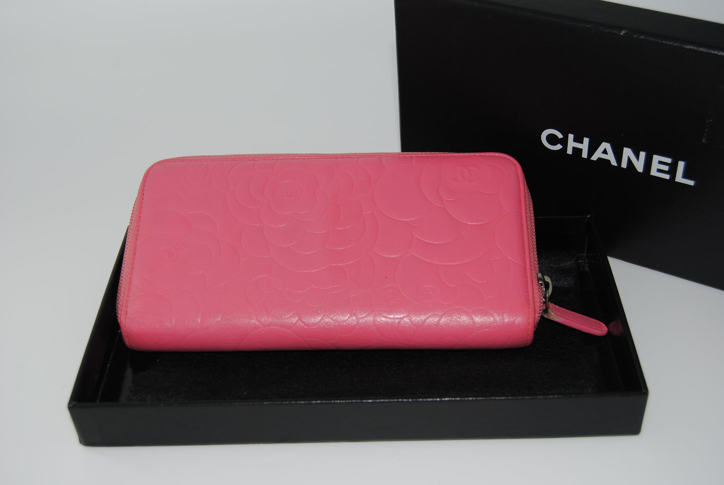 Chanel Round Zipper Long Wallet Camelia Leather Pink