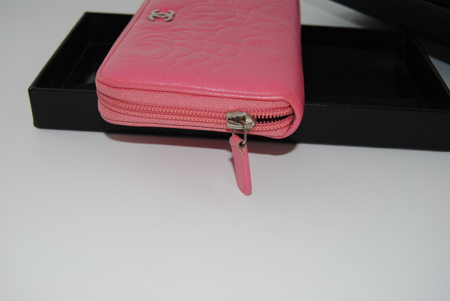 Chanel Round Zipper Long Wallet Camelia Leather Pink