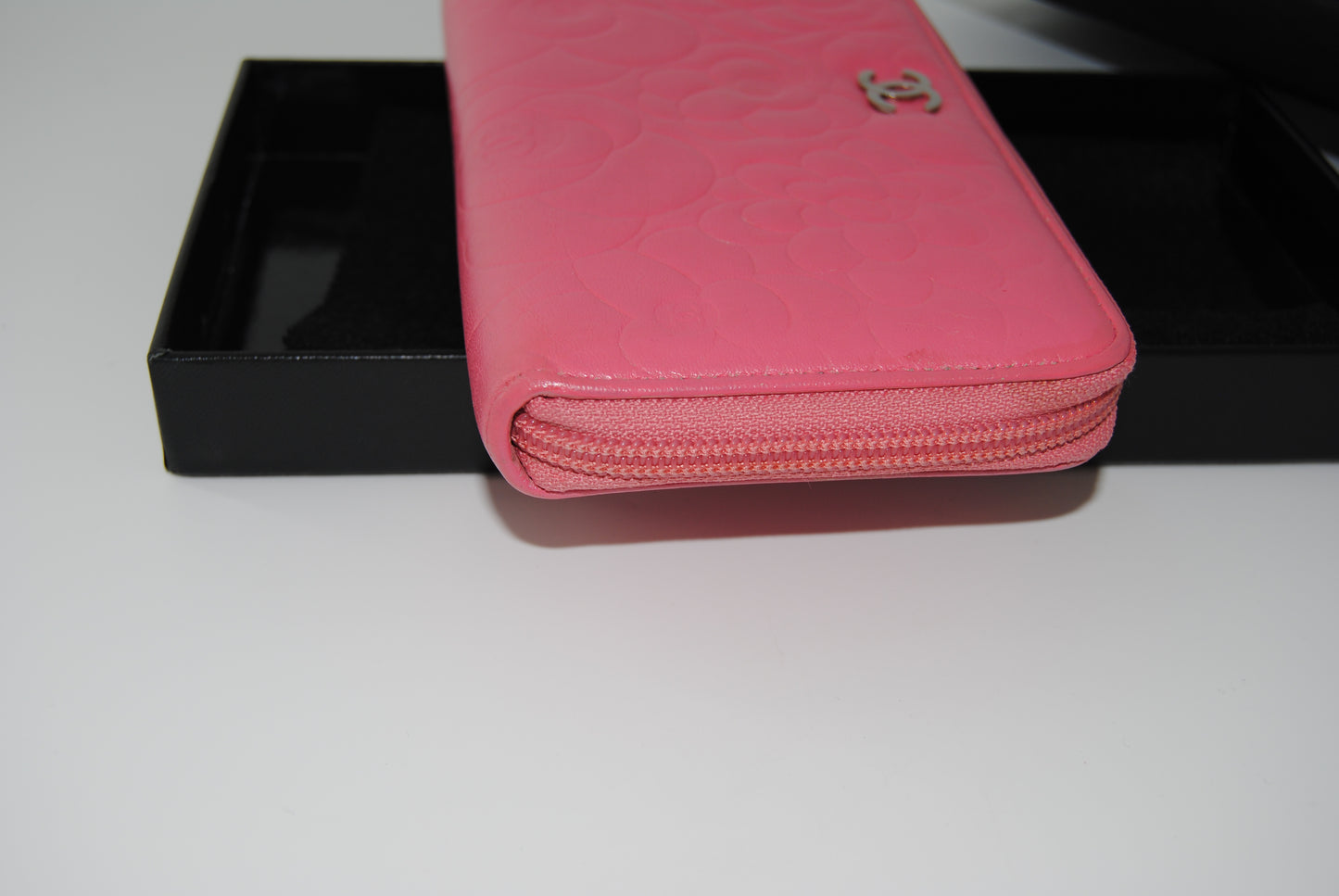 Chanel Round Zipper Long Wallet Camelia Leather Pink