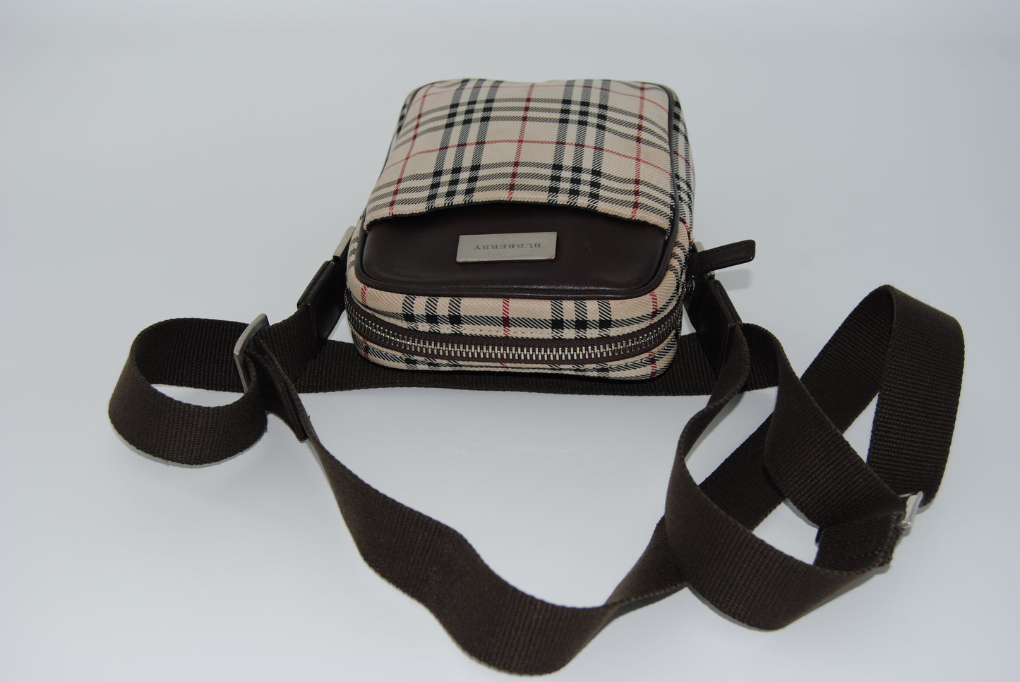 BURBERRY Crossbody Canvas Leather Nova Check Logo Plate Brown Beige.