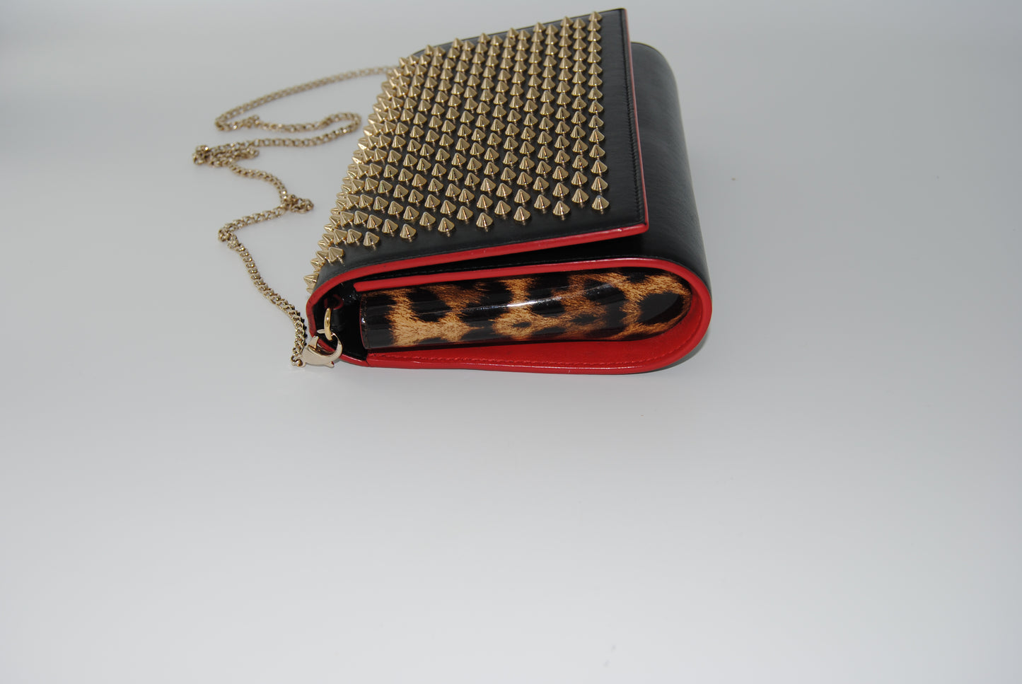 Christian Louboutin Calfskin Patent Leopard Spikes Paloma Clutch Black