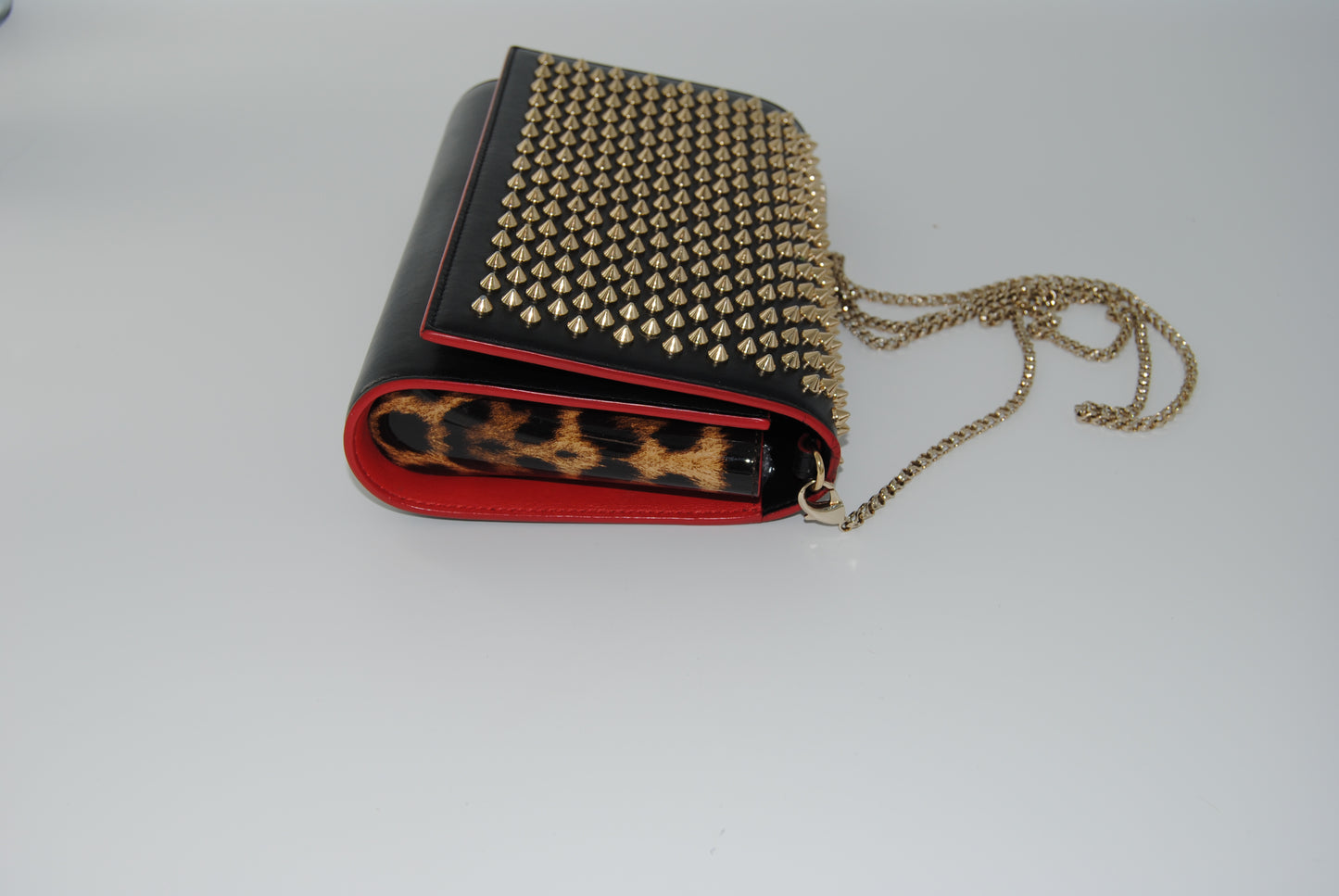 Christian Louboutin Calfskin Patent Leopard Spikes Paloma Clutch Black