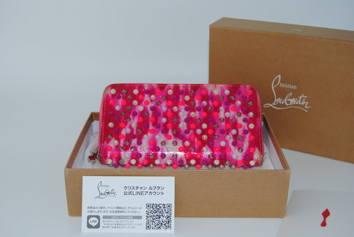 Christian Louboutin Panettone Wallet Patent Glittart Spikes Shocking Metal Pink Evening