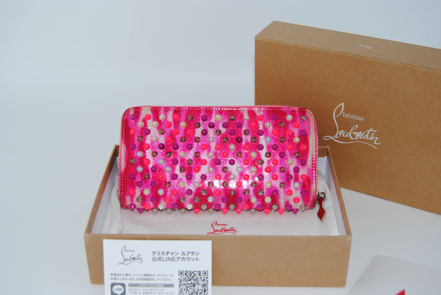 Christian Louboutin Panettone Wallet Patent Glittart Spikes Shocking Metal Pink Evening
