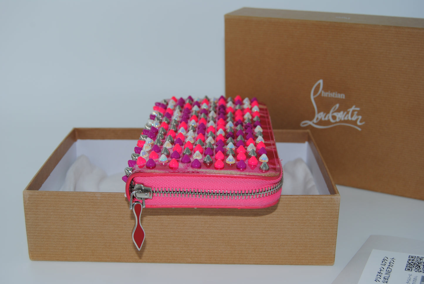 Christian Louboutin Panettone Wallet Patent Glittart Spikes Shocking Metal Pink Evening