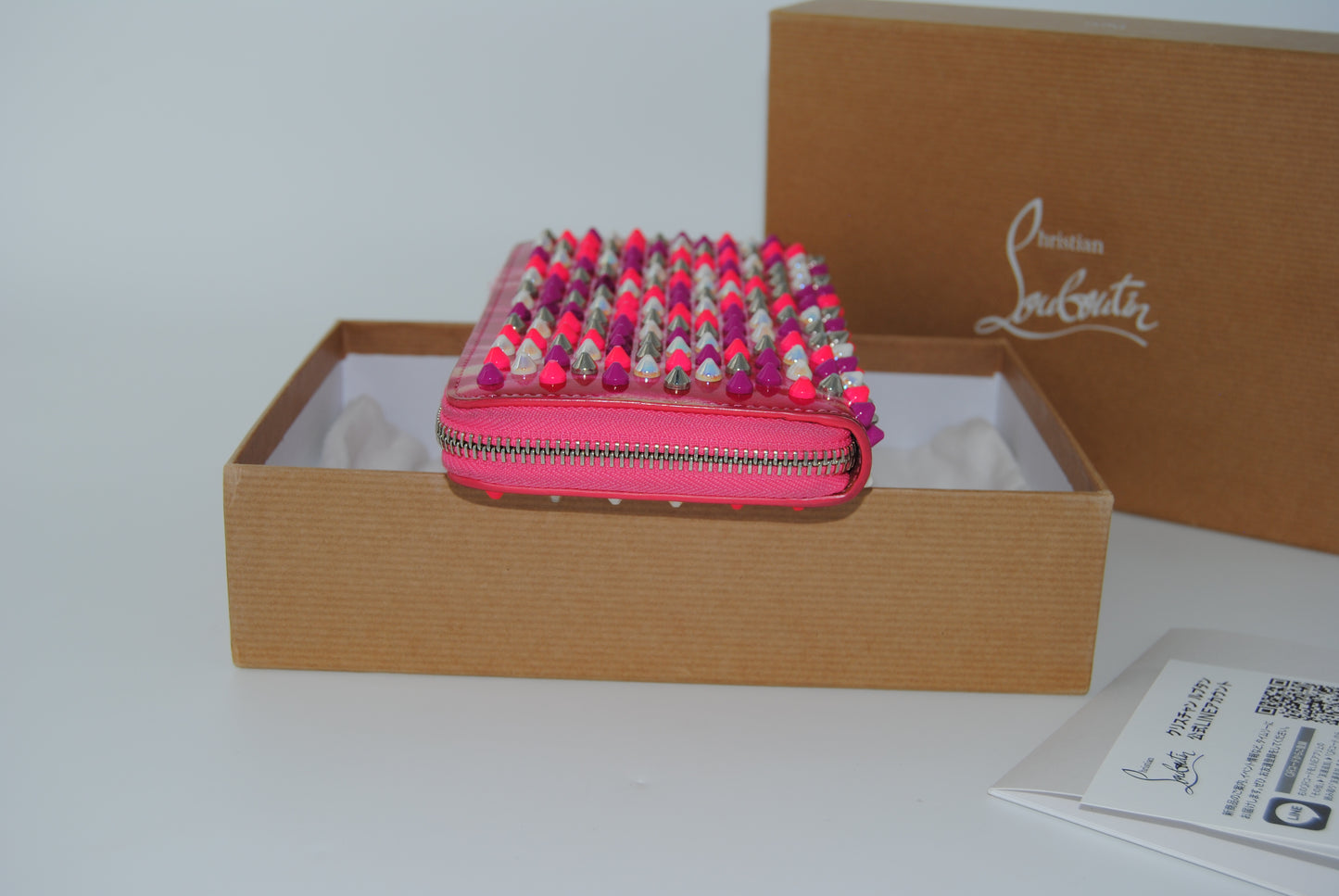 Christian Louboutin Panettone Wallet Patent Glittart Spikes Shocking Metal Pink Evening