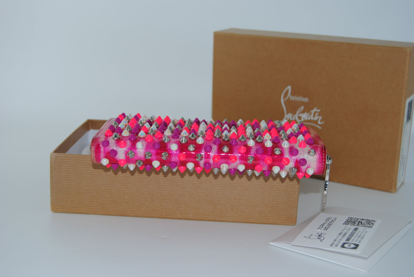 Christian Louboutin Panettone Wallet Patent Glittart Spikes Shocking Metal Pink Evening