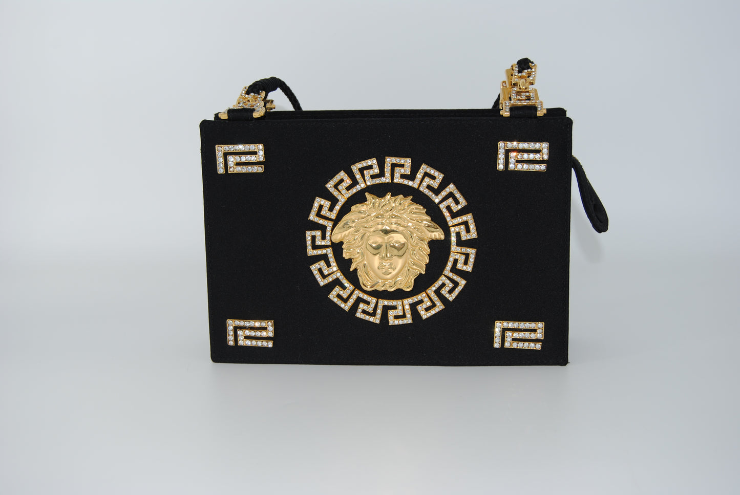 Versace Vintage Medusa Zip Shoulder Bag Crystal Embellished Satin Small