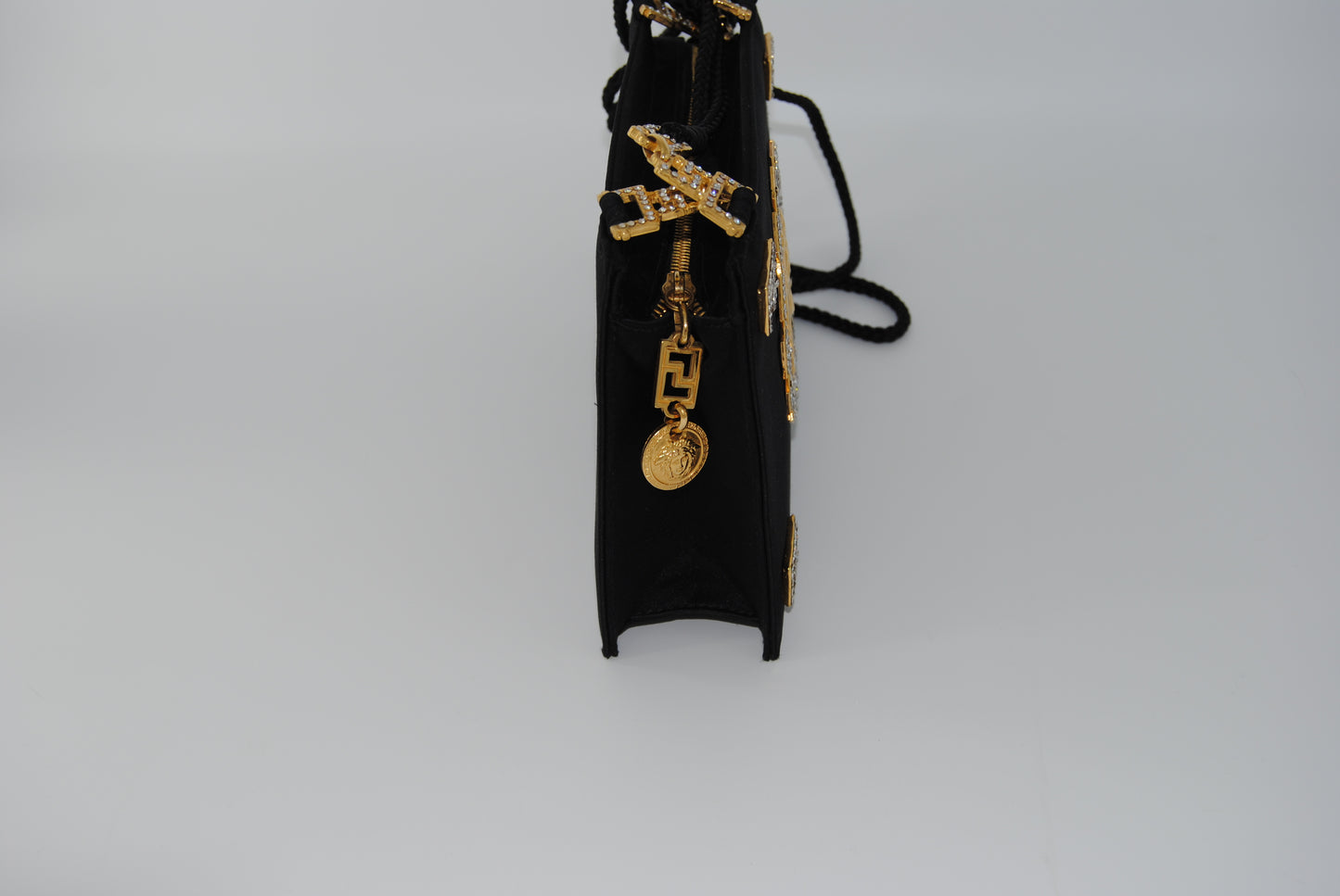 Versace Vintage Medusa Zip Shoulder Bag Crystal Embellished Satin Small