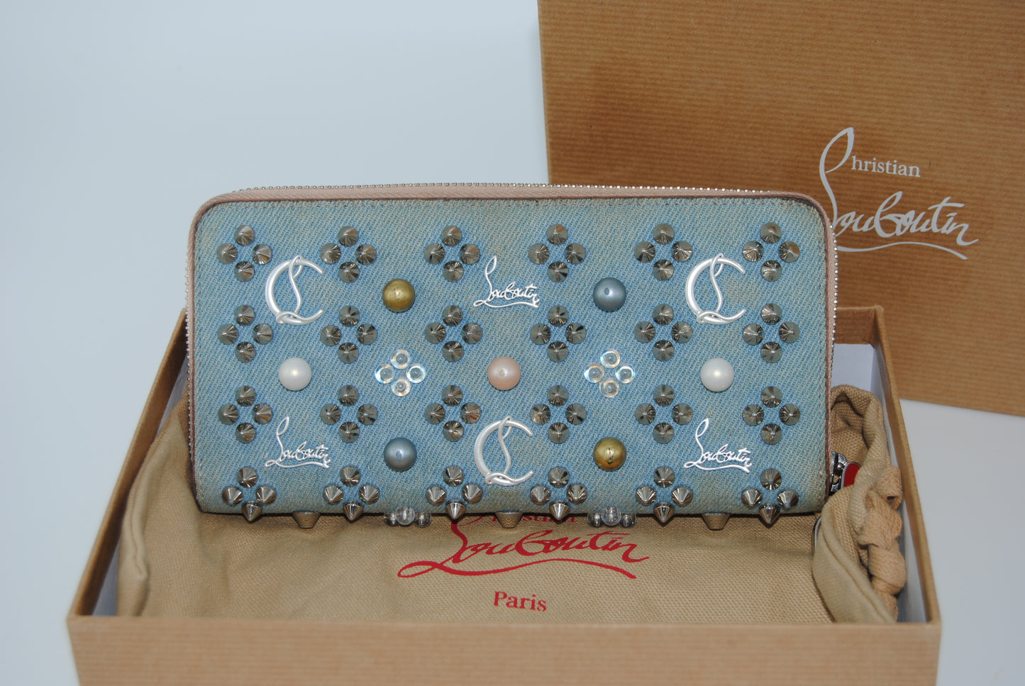 Christian Louboutin Blue Denim Mix Pearl Panettone Continental Wallet