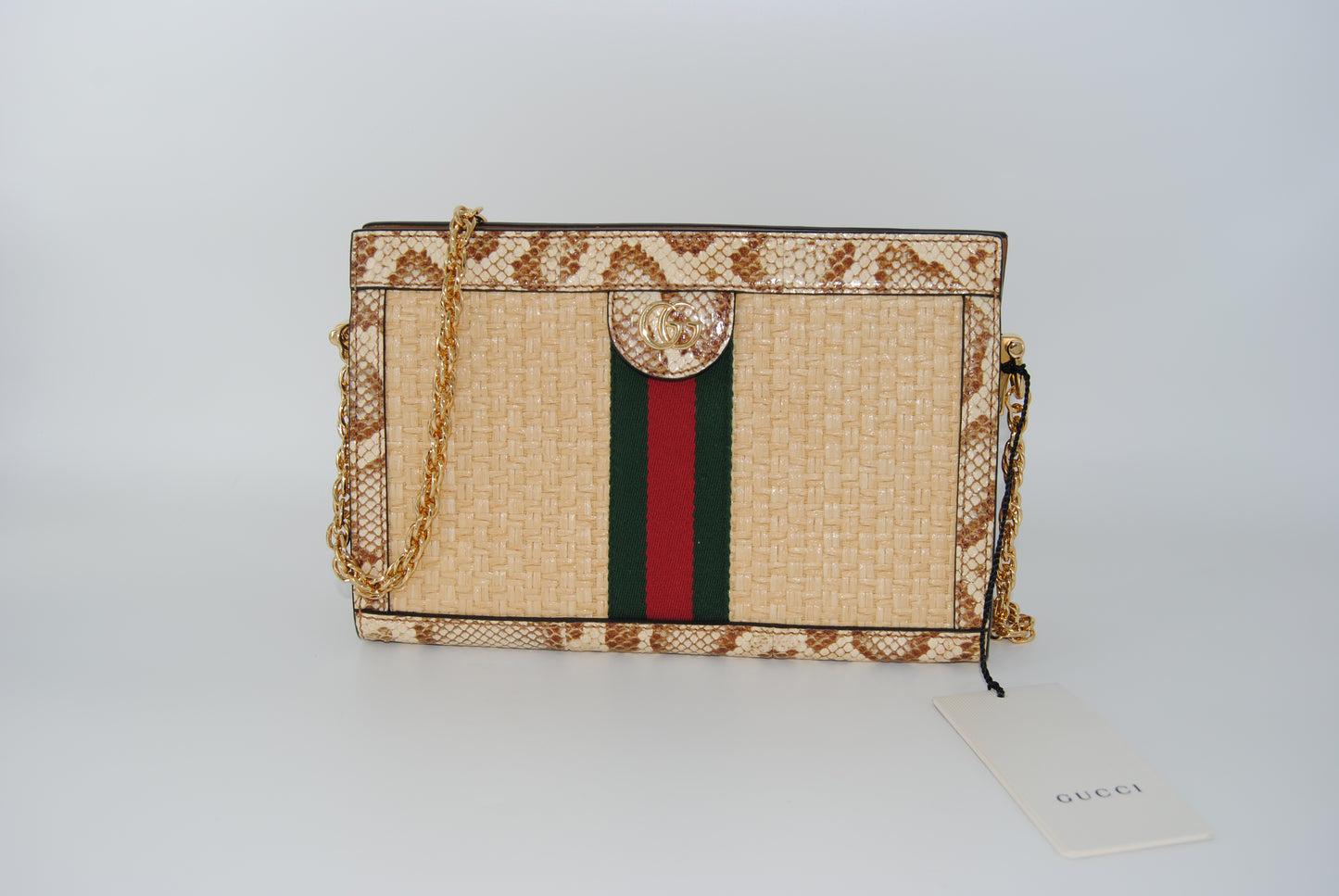 Gucci Raffia Elaphe GG Small Ophidia Chain Shoulder Bag Natural Cream
