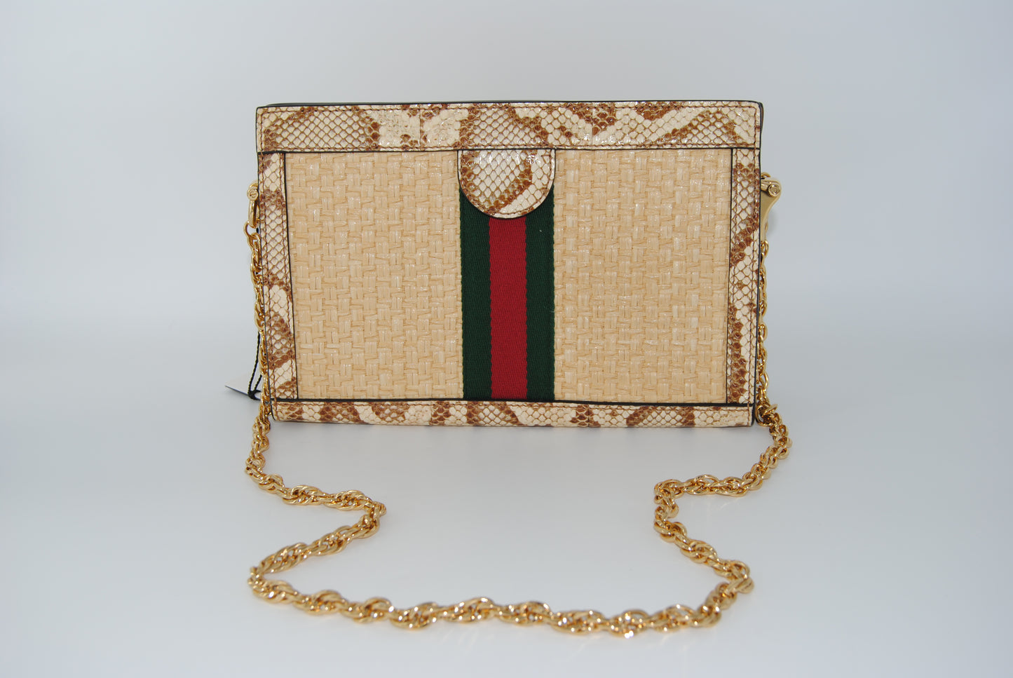 Gucci Raffia Elaphe GG Small Ophidia Chain Shoulder Bag Natural Cream