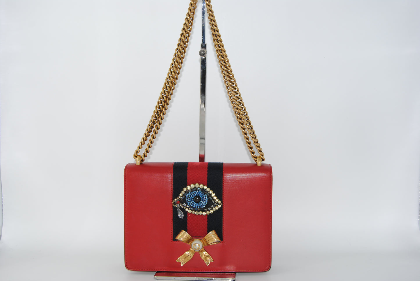Gucci Red Leather Peony Medium Eye Chain Shoulder Bag
