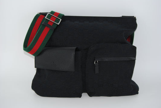 Gucci Monogram Web Medium Double Pocket Messenger Bag Black