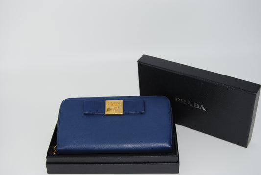 Prada Saffiano Ribbon Wallet Blue Pre Owned
