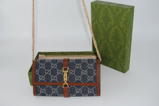 Gucci Jackie 1961 Continental Chain Wallet GG Denim Pre Owned