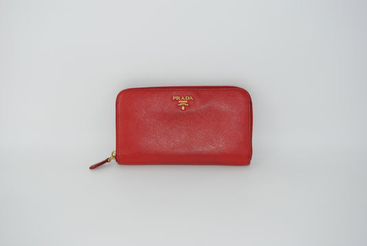 Prada Saffiano Metal Zip Around RED Pre Owned
