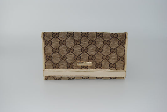 Gucci Monogram Metal Bar Continental Flap Wallet Off White