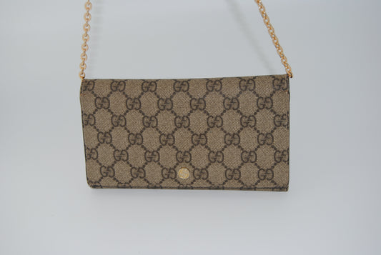 Gucci GG Supreme Monogram Azalea Calfskin Wallet On Chain Beige Ebony Brown Sugar