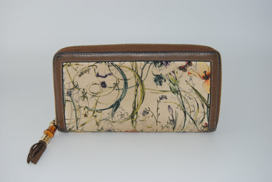 GUCCI BAMBOO FLORAL CANVAS WALLET WITH TASSEL