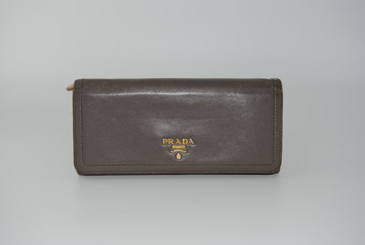 Prada Taupe Leather Flap Continental Wallet