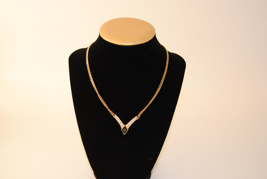 Christian Dior Logo Necklace GP Gold Rhinestone V- Shaped black