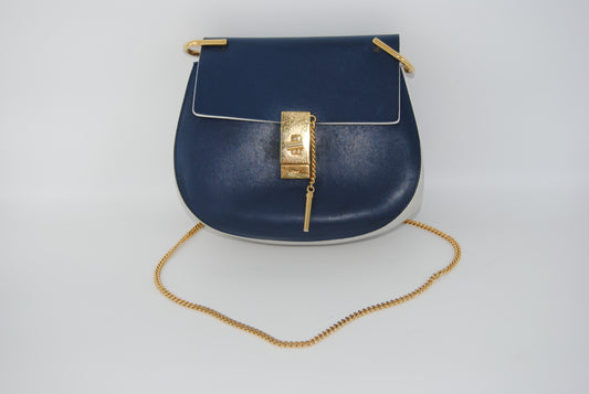Chloe Royal Drew Bag Navy/Grey Smooth Leather Small