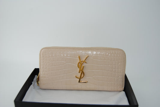 Saint Laurent Round Zipper Long Wallet Croco Embossed YSL Logo Gold