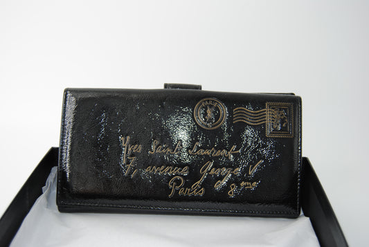 Yves Saint Laurent YSL Black Y-Mail Patent Leather Long Wallet