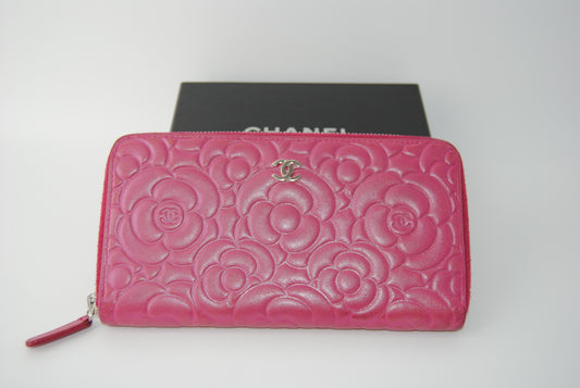 Chanel Pink Leather CC Camellia Zip Around Wallet Organizer