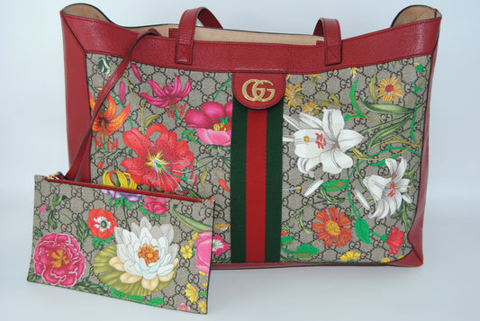 Gucci Ophidia Flora Tote Bag GG Pattern Floral Coated Canvas Red