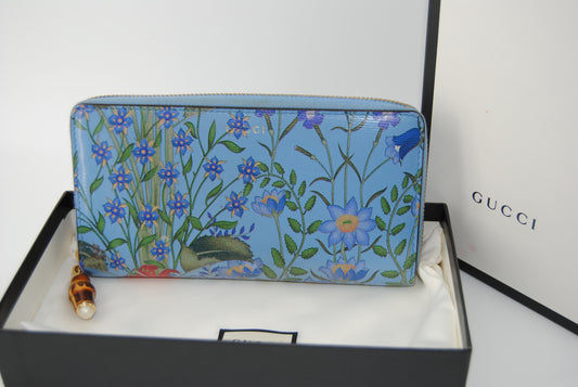 Gucci Nymphae Azure Floral Blue Continental Wallet Leather