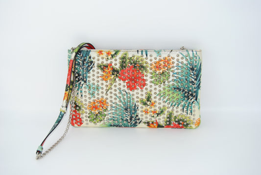 Christian Louboutin Calfskin Studded Floral Mosaic Loubiclutch Crossbody Clutch White Multicolor