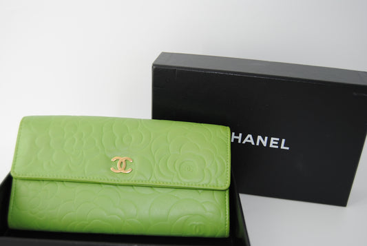 Chanel Green Lambskin Camellia Flap Wallet