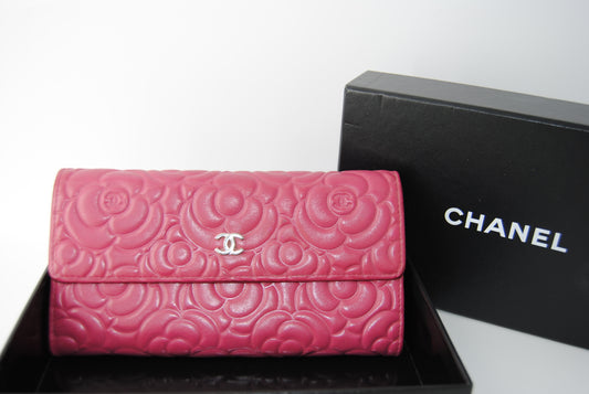 Chanel Lambskin Camellia Large Flap Wallet Fuchsia