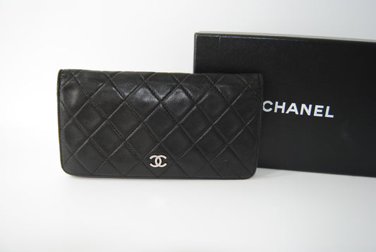 Chanel Matelasse Bifold Long Wallet Timeless Classic Leather Black