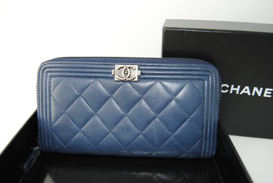 Chanel Caviar Quilted Large Boy Zip Around Wallet Blue