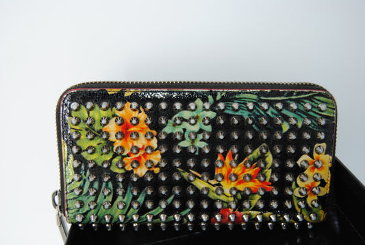 Christian Louboutin Crackled Calfskin Hawaii Print Panettone Spikes Zip Around Wallet Black Silver