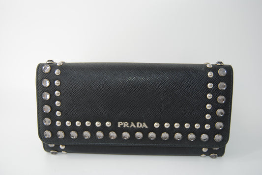 Prada Saffiano Crystal Studded Continental Flap Travel Wallet Baltico
