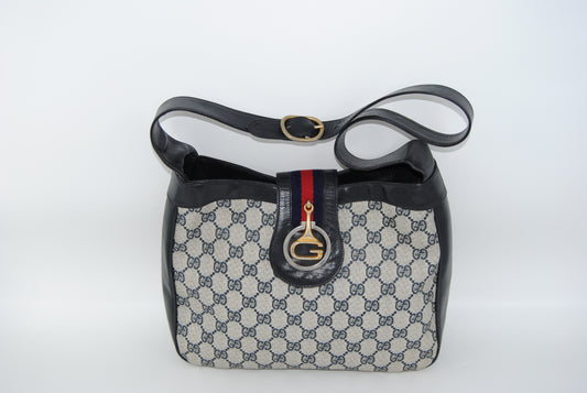 Gucci GG Canvas Sherry Line Shoulder Bag PVC Leather Gray Red Navy